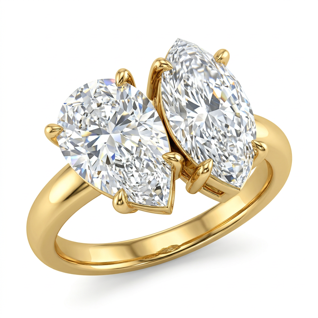 Pear and Marquise Diamond Toi et Moi Ring with Polished Gold Band
