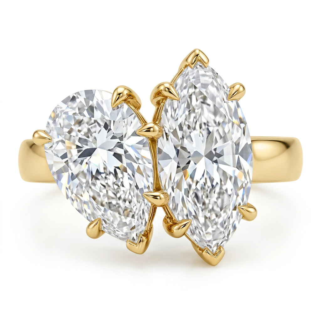 Pear and Marquise Diamond Toi et Moi Ring with Polished Gold Band