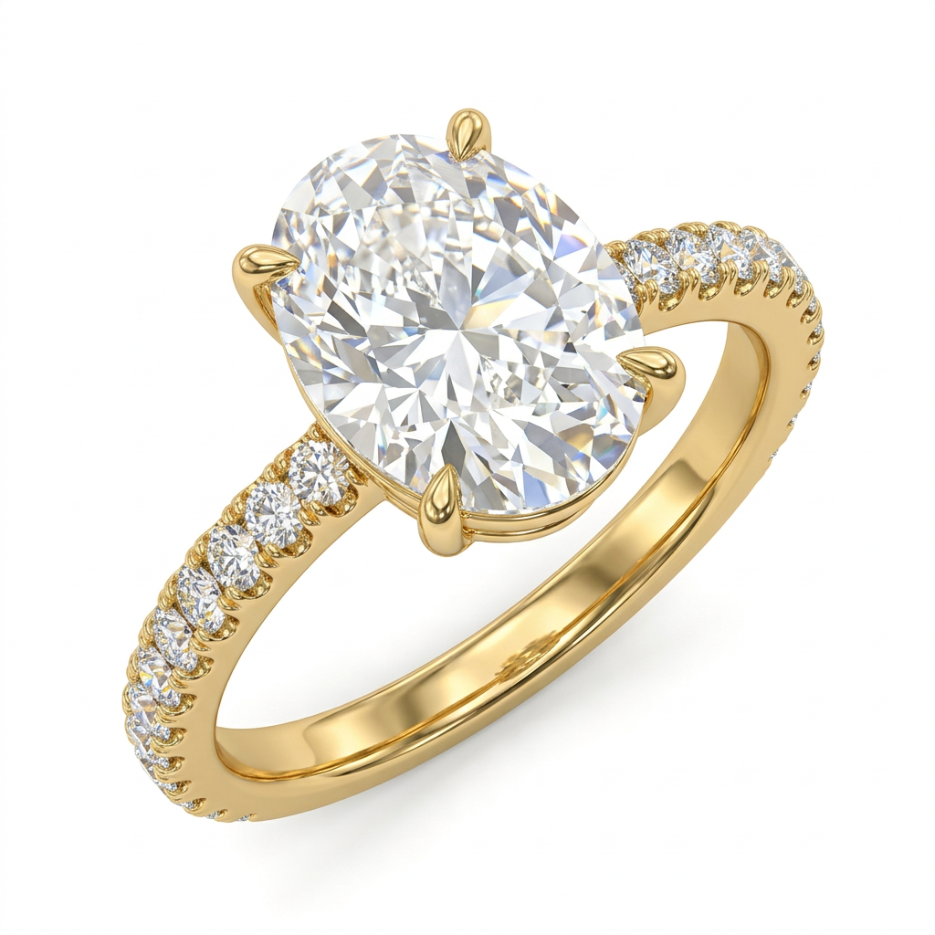 Oval Hidden Halo Diamond Engagement Ring with Pave Band