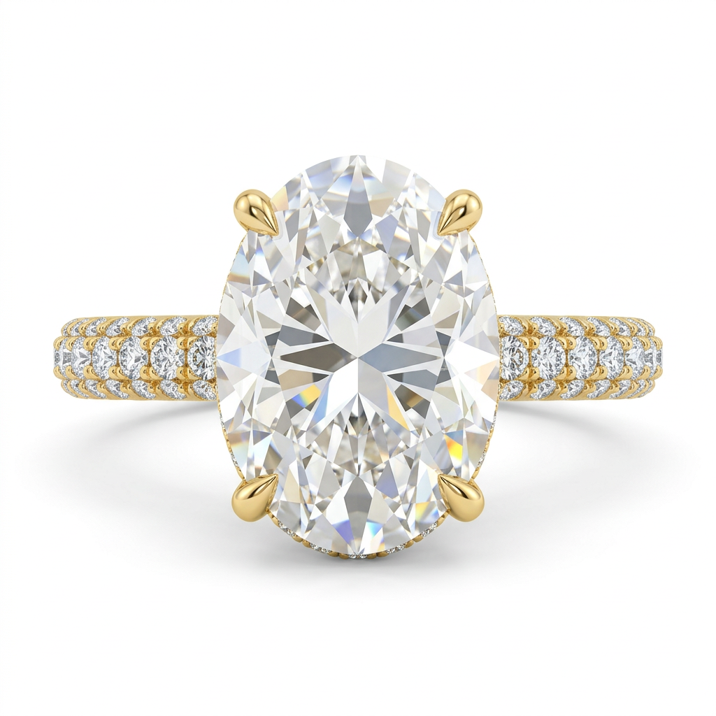 Oval Hidden Halo Diamond Engagement Ring with Pave Band