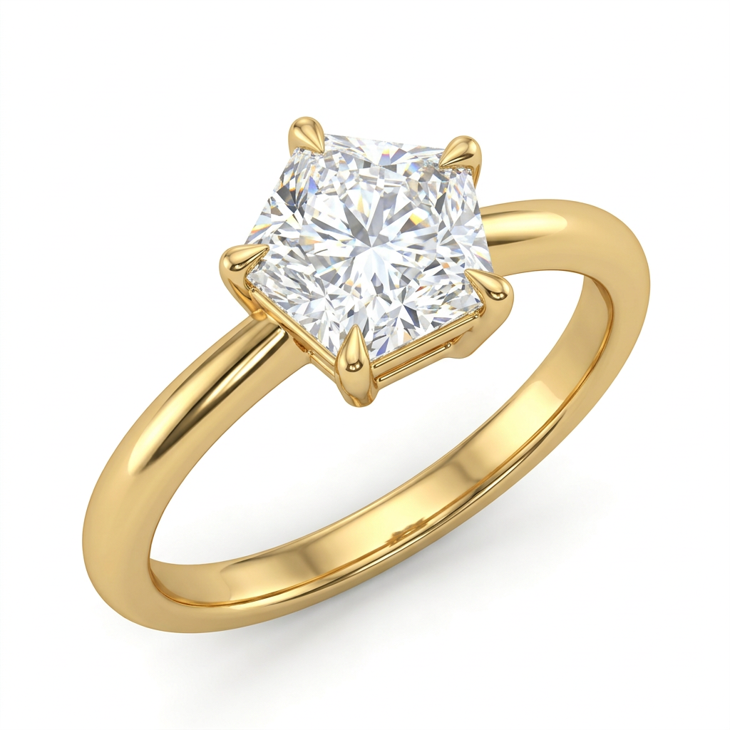 Princess Cut Solitaire Diamond Engagement Ring with Polished Gold Band