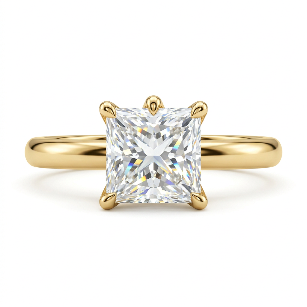 Princess Cut Solitaire Diamond Engagement Ring with Polished Gold Band