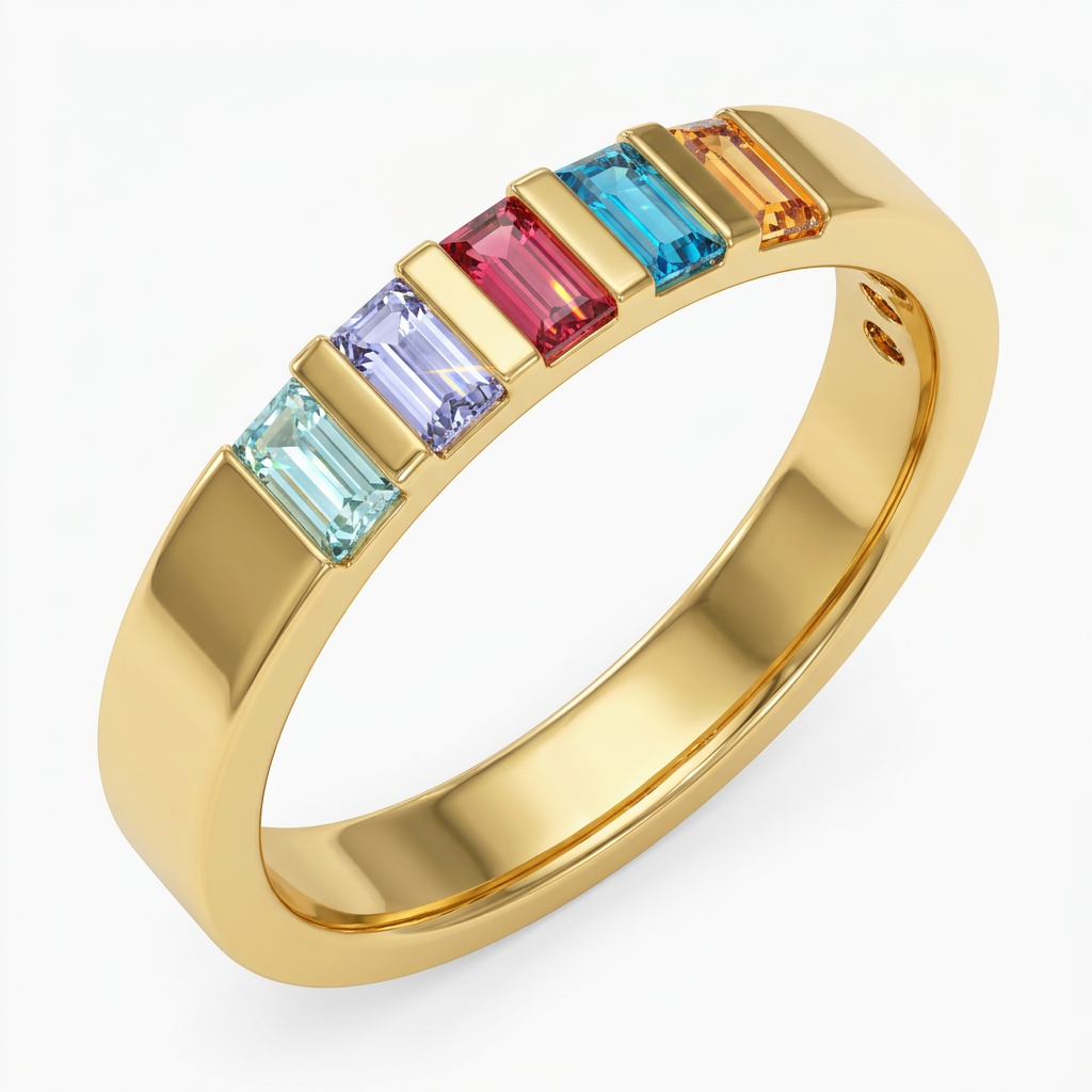 Gold Channel Set Baguette Multi-Color Eternity Ring