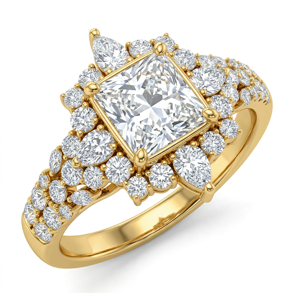 Princess Cut & Mixed Stone Cluster Engagement Ring