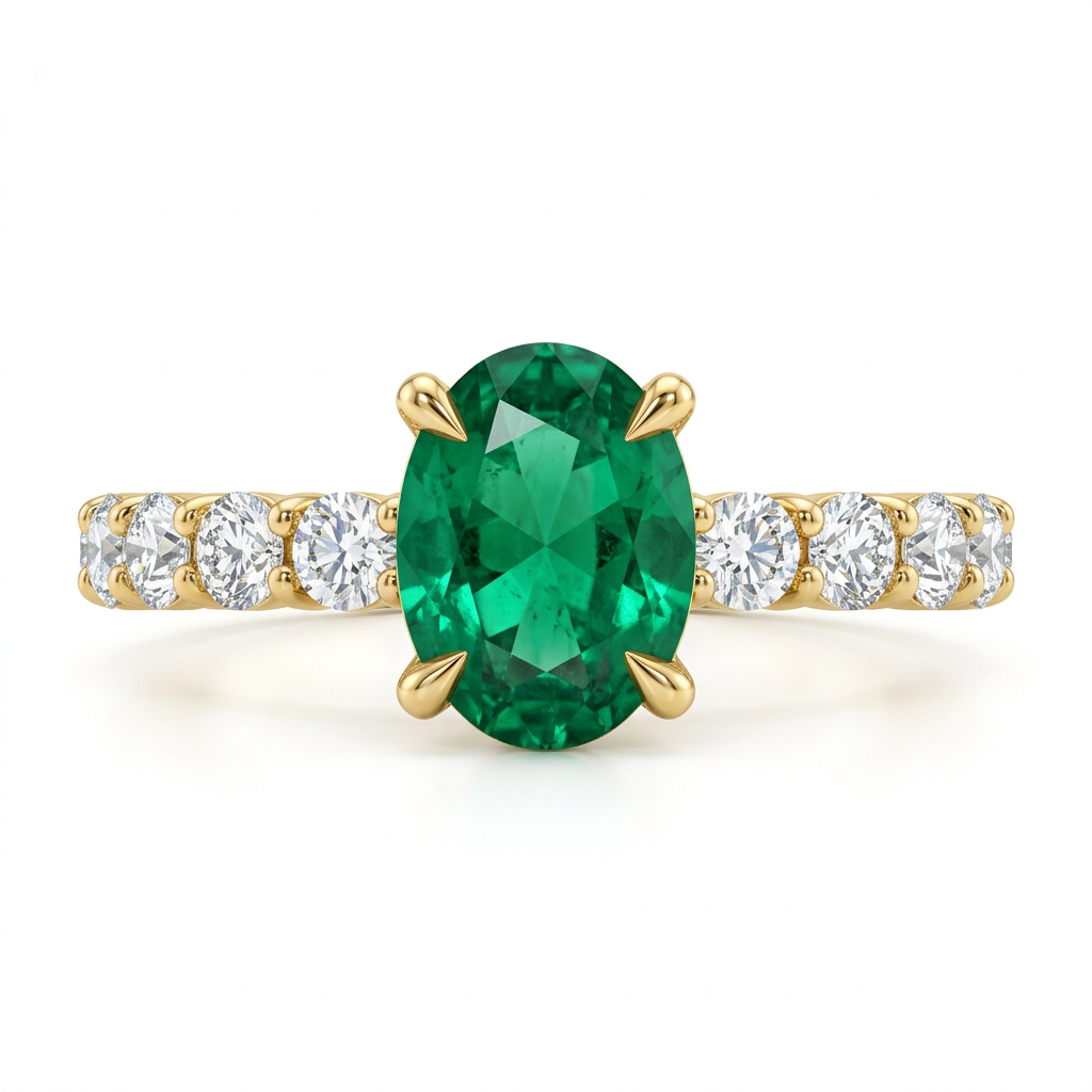 Emerald Solitaire Engagement Ring with Pave Band