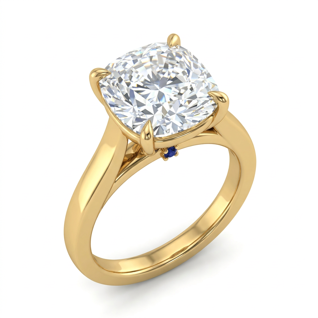 14k Yellow Gold Elongated Cushion Solitaire Ring with Hidden Sapphire Accent - Style 2