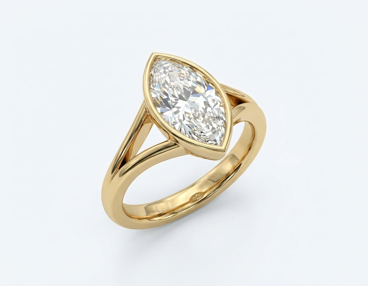 Marquise Bezel Split Shank Engagement Ring in Yellow Gold