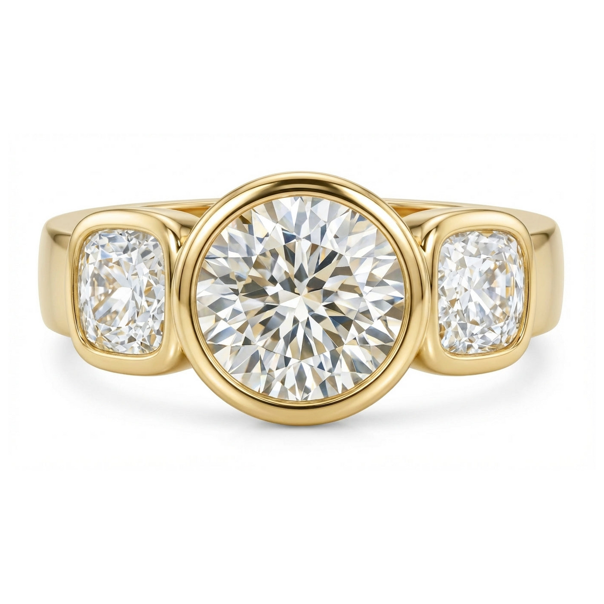Three Stone Bezel Set Diamond Ring with Cushion Side Stones