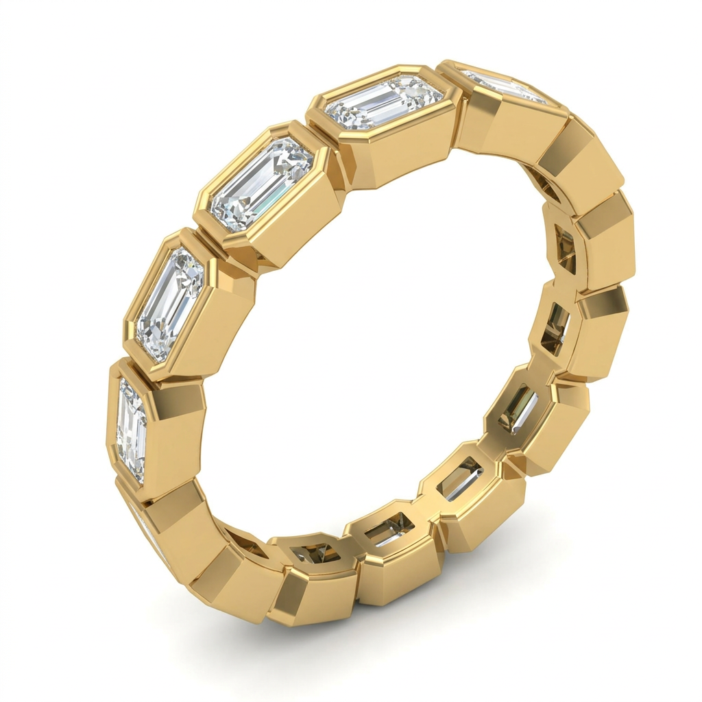 Emerald Cut Three Stone Diamond Engagement Ring with Pave Band