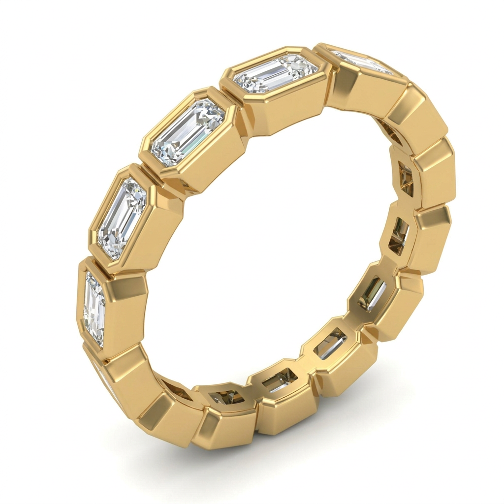 Emerald Cut Three Stone Diamond Engagement Ring with Pave Band