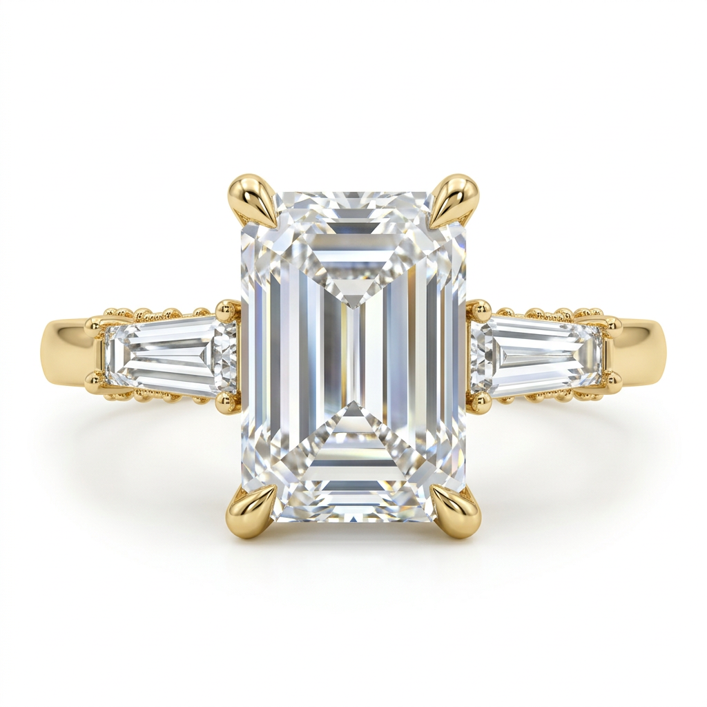 Emerald Cut Three Stone Diamond Engagement Ring with Pave Band