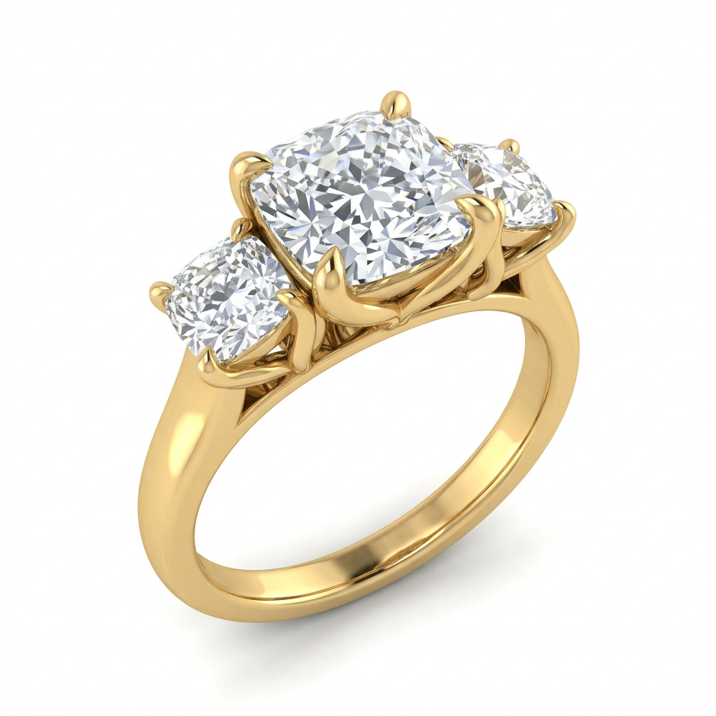 Cushion Cut Three-Stone Diamond Engagement Ring in Yellow Gold - Style 2