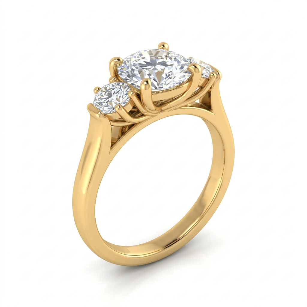 Cushion Cut Three-Stone Diamond Engagement Ring in Yellow Gold