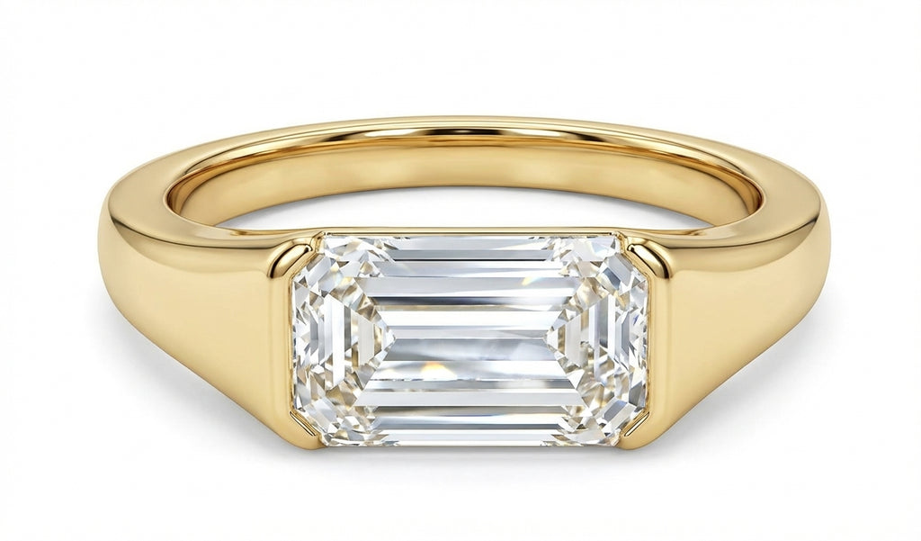 Emerald Cut Bezel Set Ring with Tapered Band