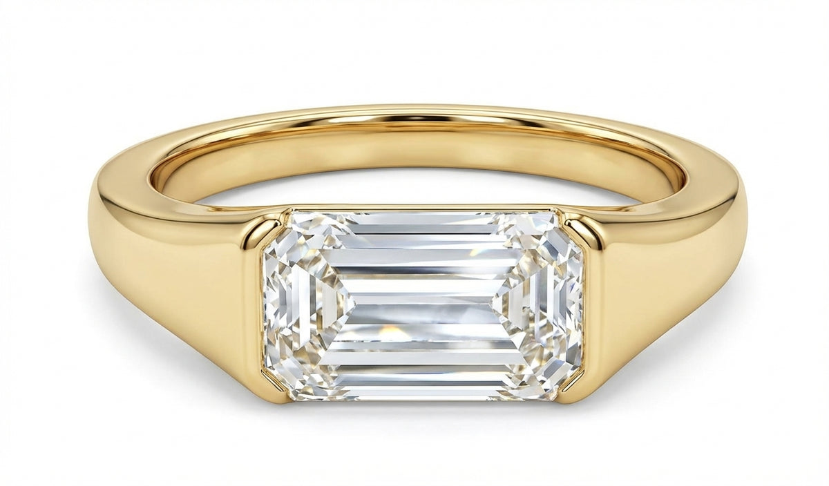 Emerald Cut Bezel Set Ring with Tapered Band