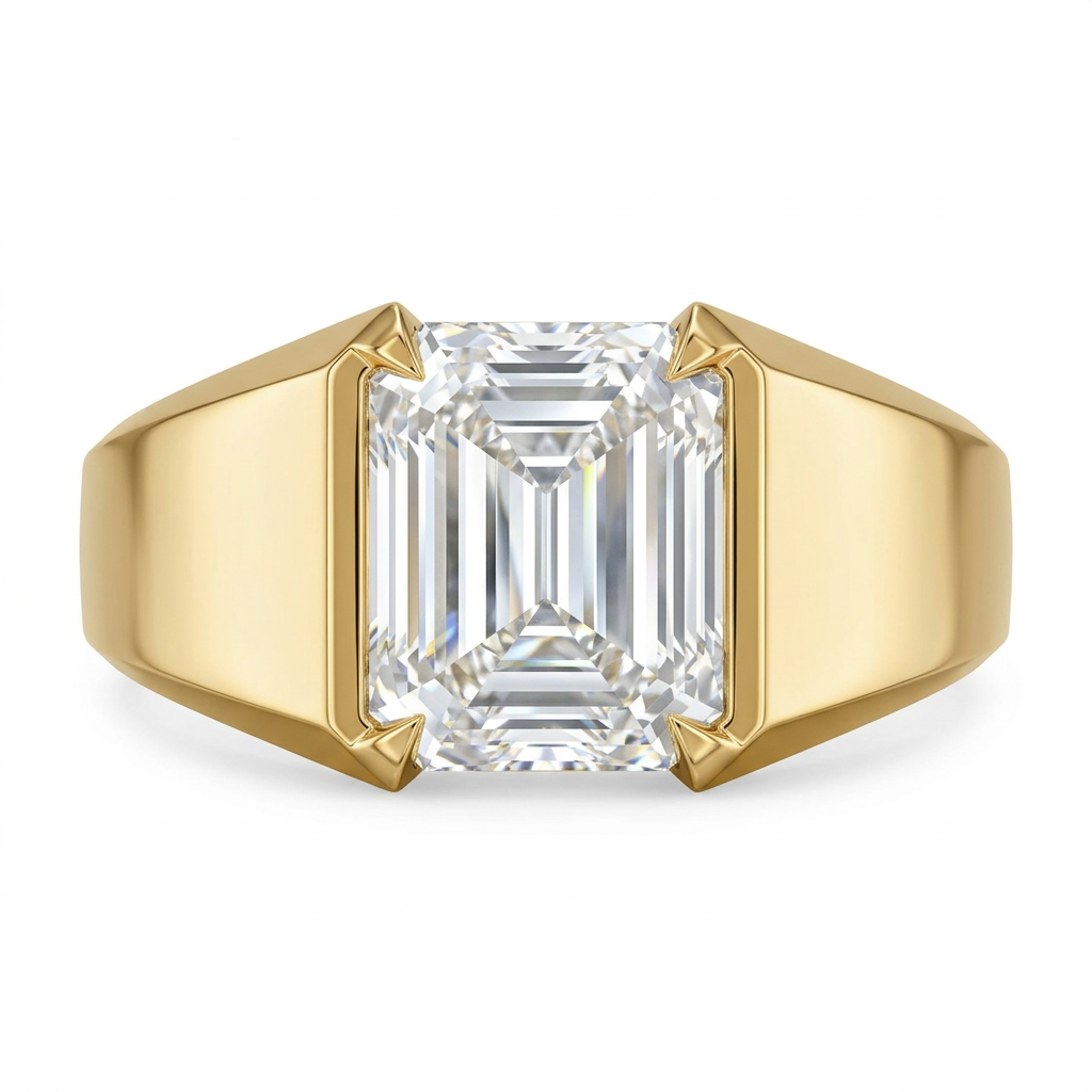 Emerald Cut Bezel Set Ring with Tapered Band