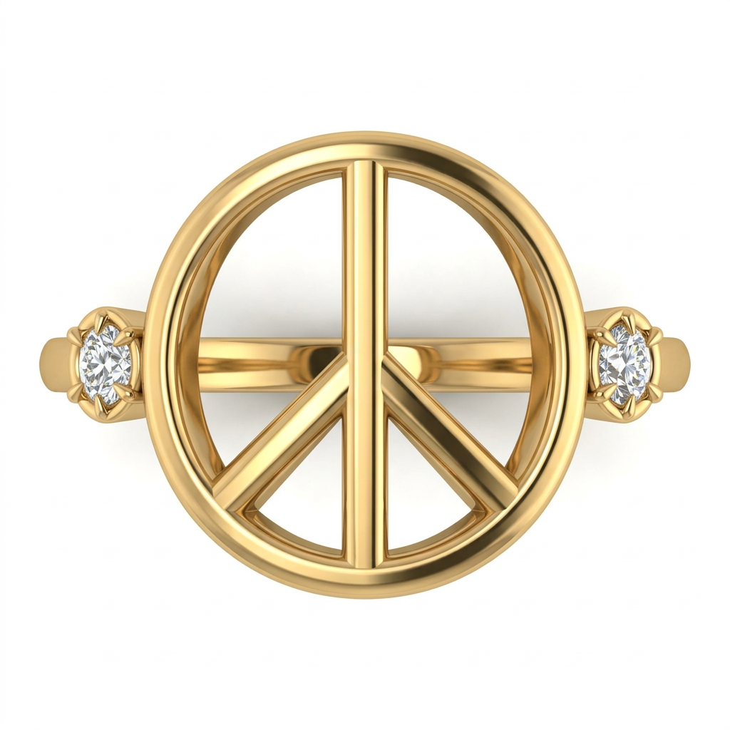 Peace Symbol Gold Ring with Prong-Set Round Diamond Accents