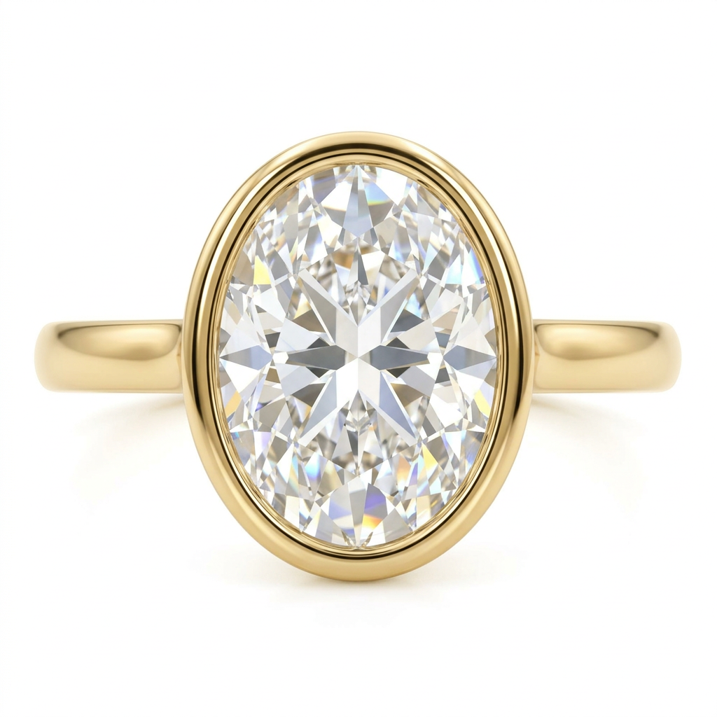 Oval Diamond Bezel Solitaire Engagement Ring in Yellow Gold