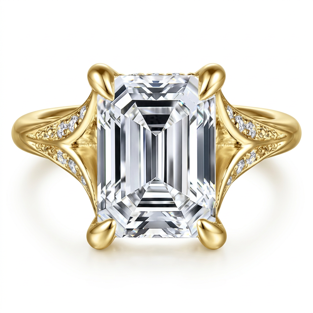Emerald Cut Solitaire Ring with Pave Gold Band