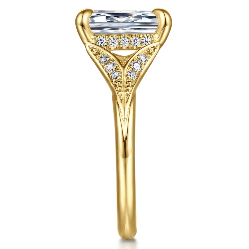 Emerald Cut Solitaire Ring with Pave Gold Band