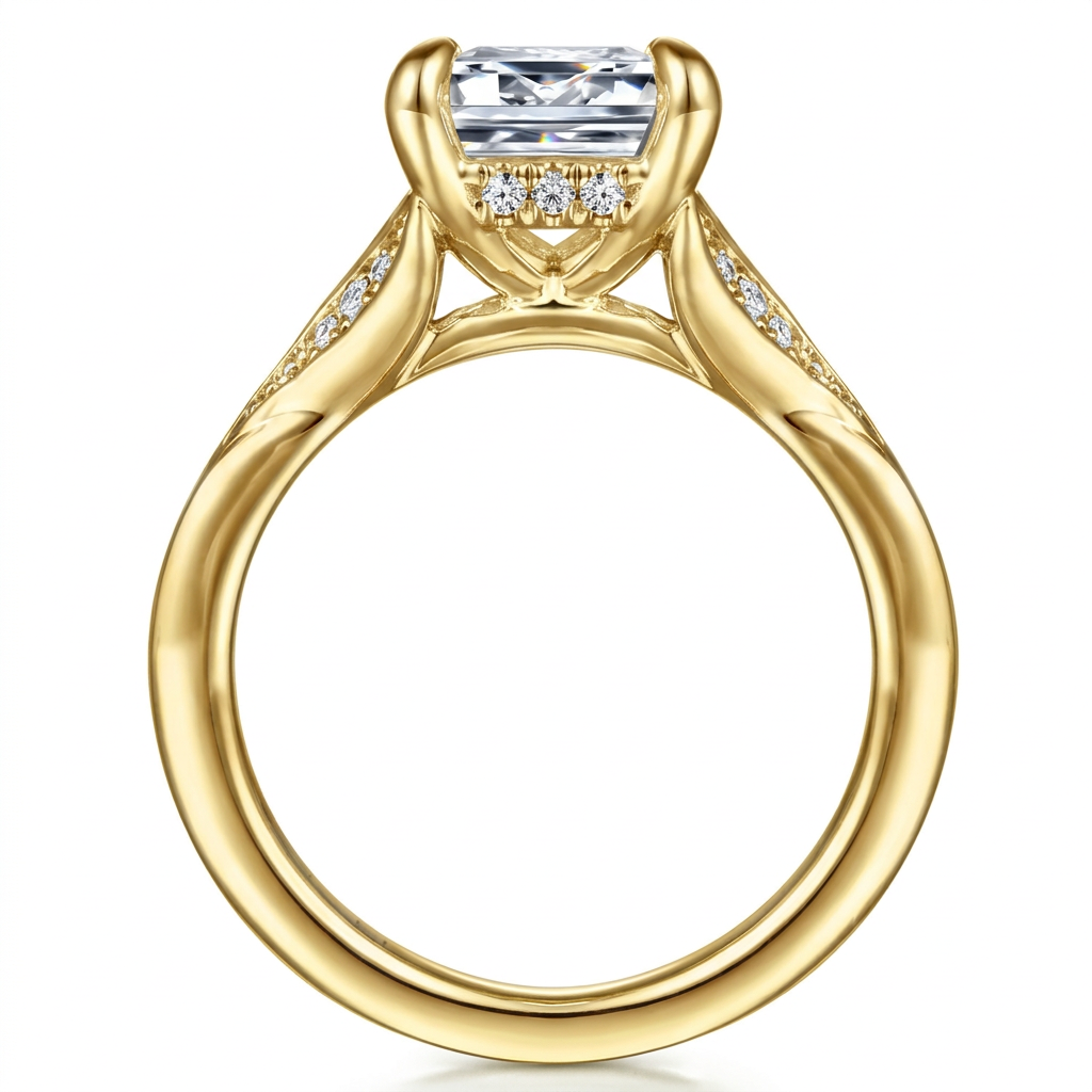 Emerald Cut Solitaire Ring with Pave Gold Band
