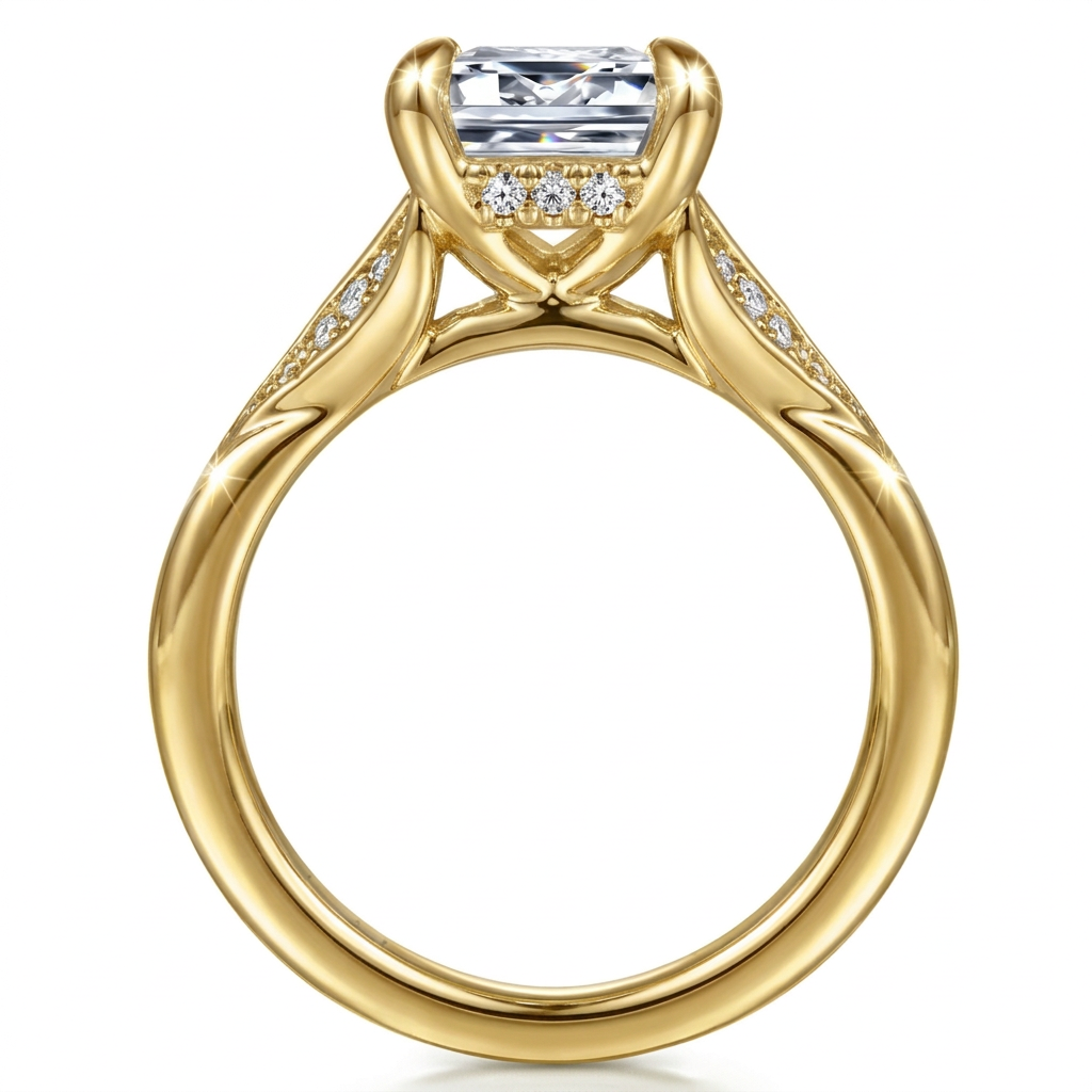 Emerald Cut Solitaire Ring with Pave Gold Band