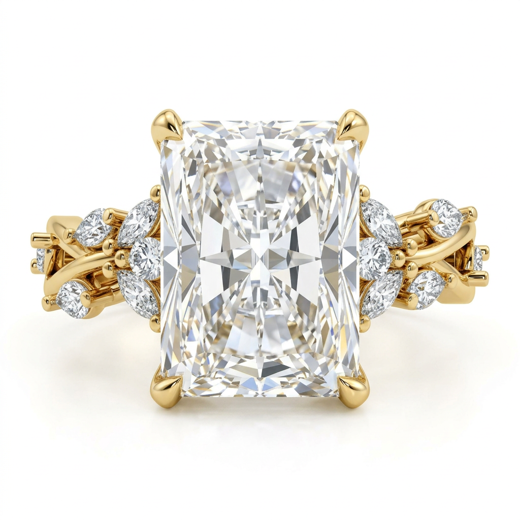 Radiant Cut Diamond Engagement Ring with Marquise Accent Twist Band