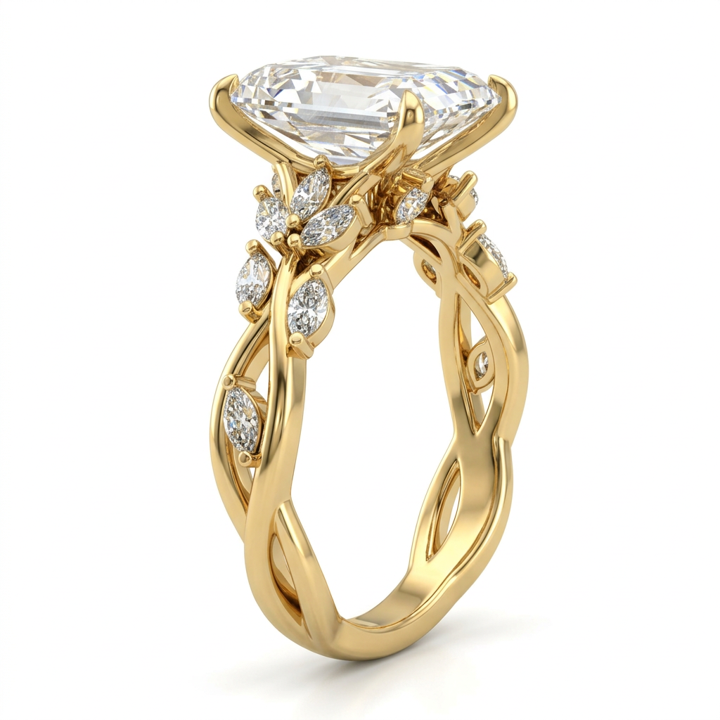 Radiant Cut Diamond Engagement Ring with Marquise Accent Twist Band