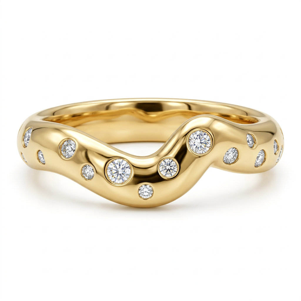 Wavy Contour Band with Scattered Round Diamonds