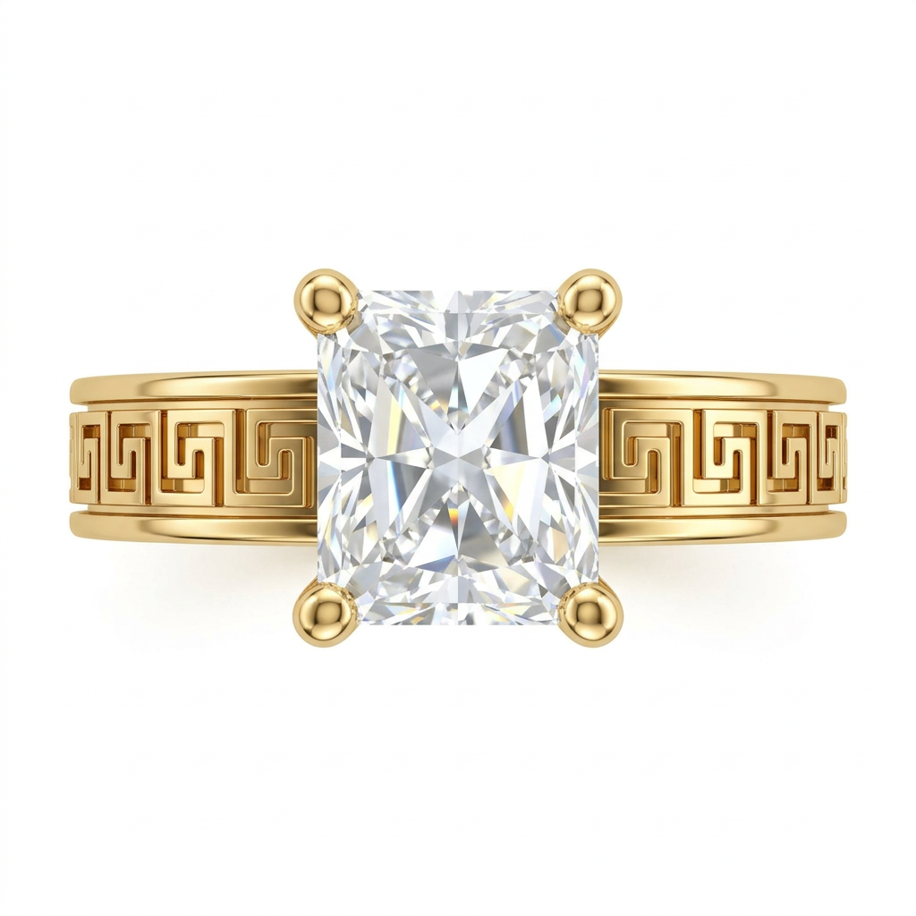 Radiant Cut Solitaire Ring with Greek Key Pattern Band