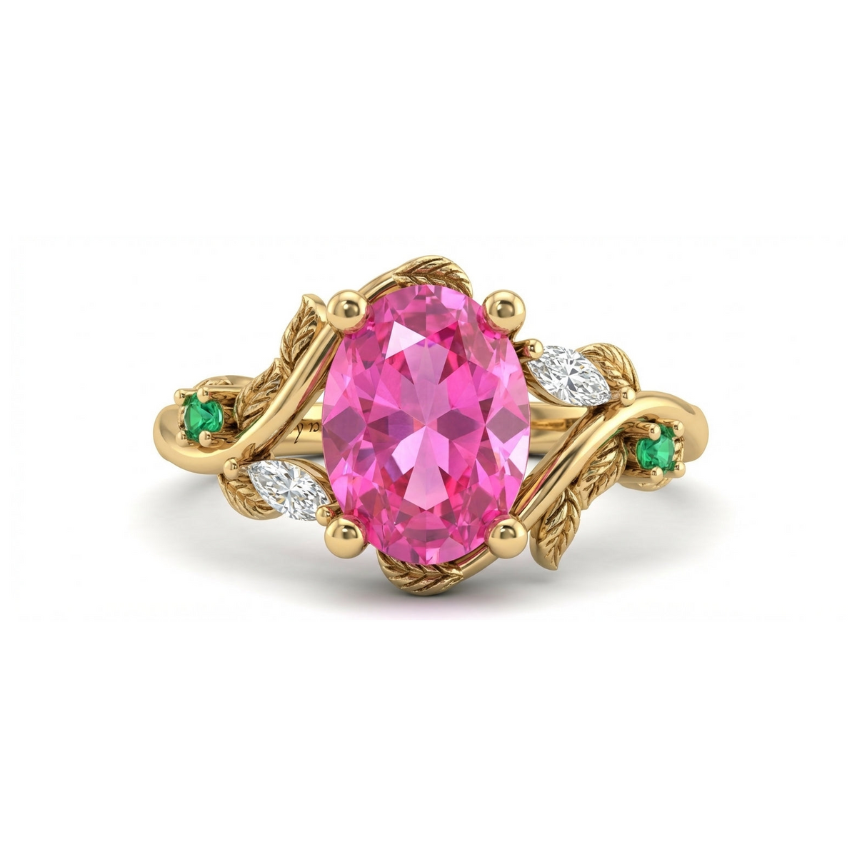 Nature-Inspired Oval Pink Sapphire Ring with Marquise and Green Sapphire Accents