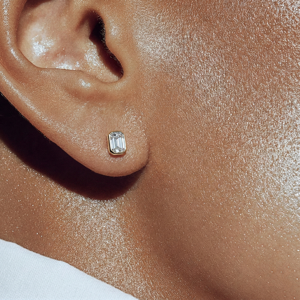 Dainty Bezel Set Emerald Cut Diamond Stud Earrings