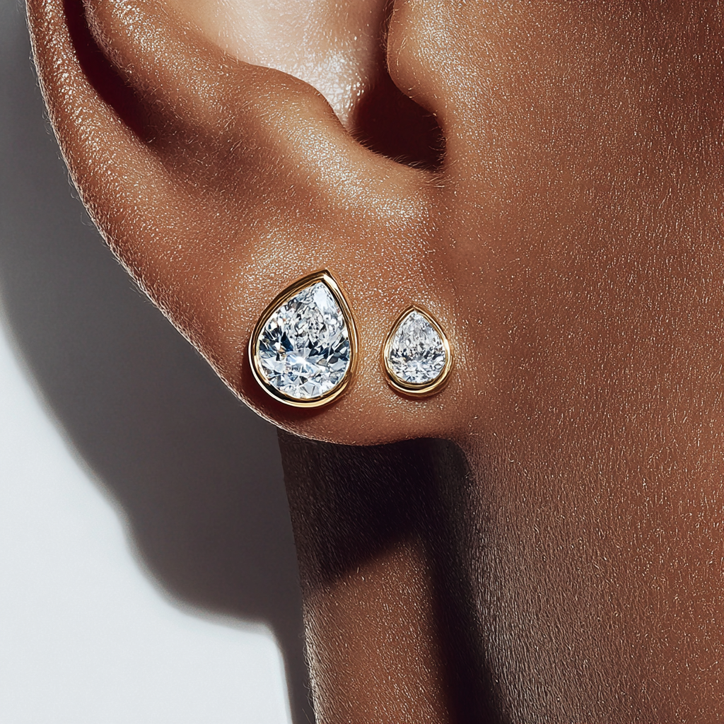 Dainty Bezel Set Pear Shaped Diamond Stud Earrings