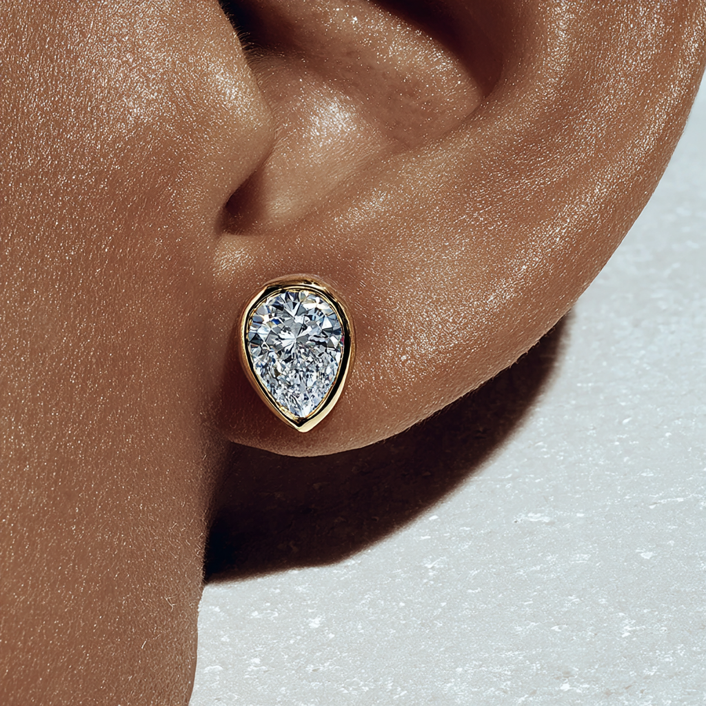 Dainty Bezel Set Pear Shaped Diamond Stud Earrings