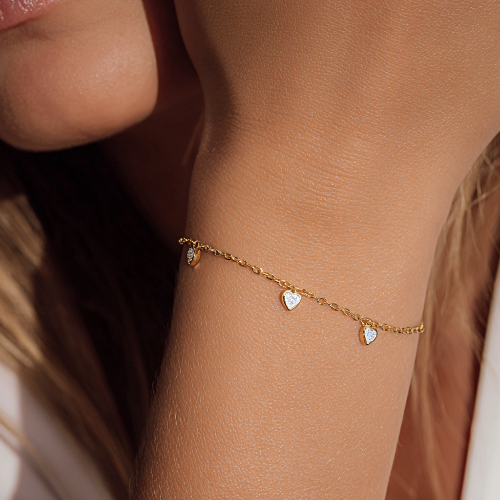 Large Bezel Set Heart Shaped Diamond Charm Bracelet