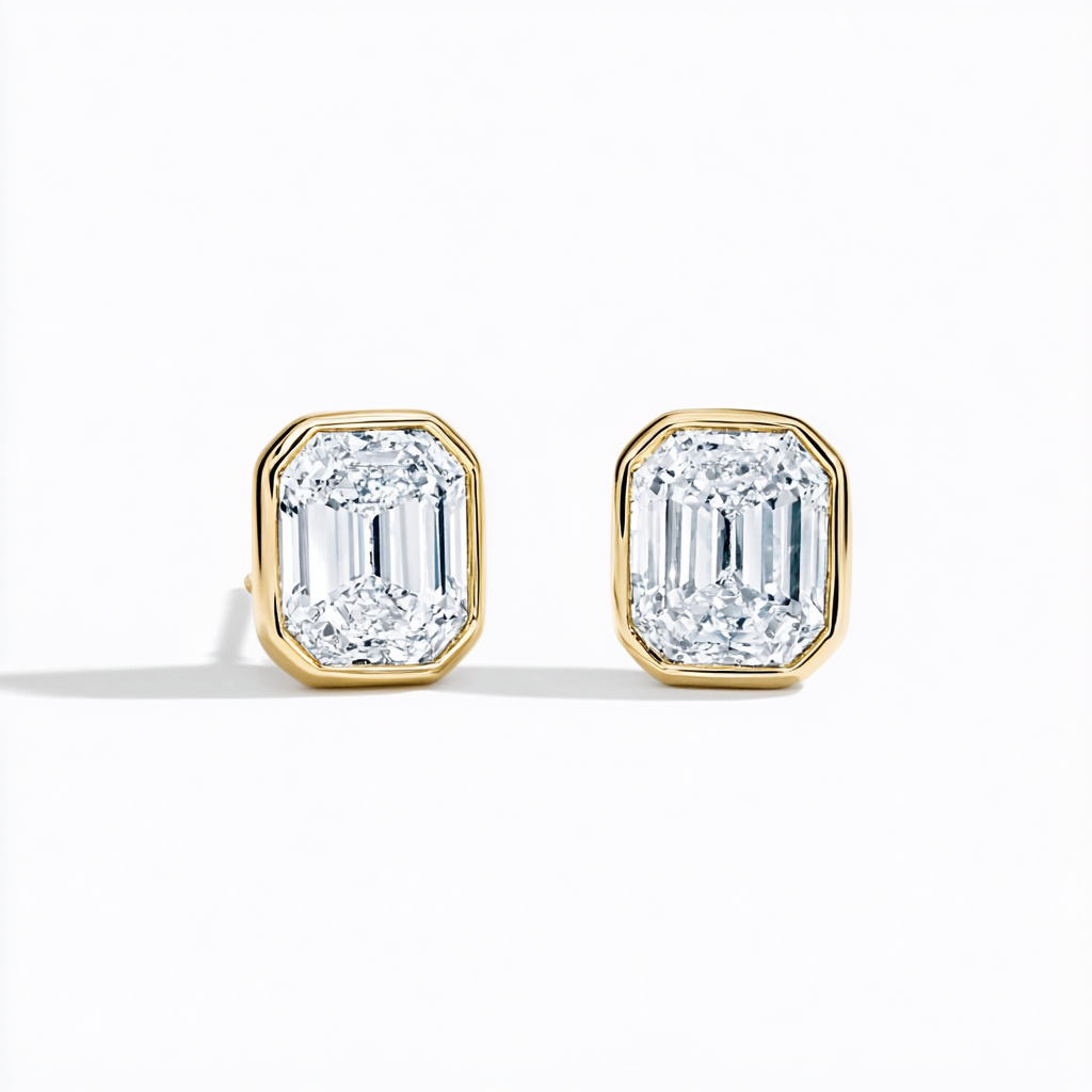 Dainty Bezel Set Emerald Cut Diamond Stud Earrings