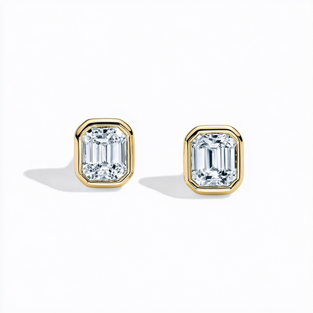 Dainty Bezel Set Emerald Cut Diamond Stud Earrings