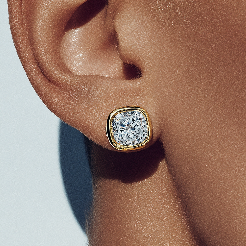 Bezel Set Cushion Cut Diamond Stud Earrings